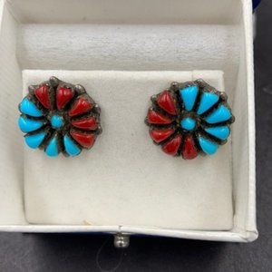 Vintage Zuni Sterling Turquoise Coral Pierced Earrings